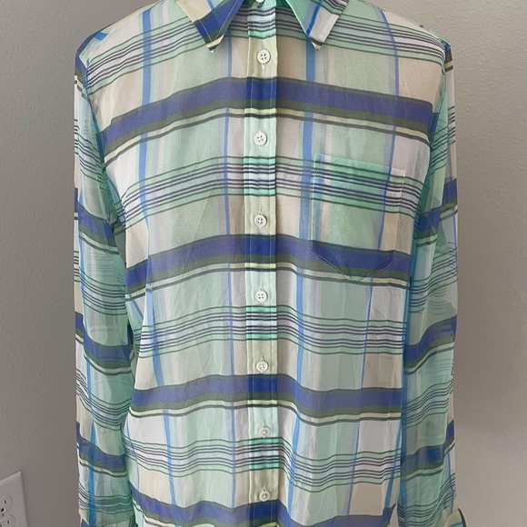 EQUIPMENT NWT WOMENS SP BUTTON-DOWN LONG SLEEVE SHEER TOP BLUE GREEN PLAID SILK - Picture 3 of 12